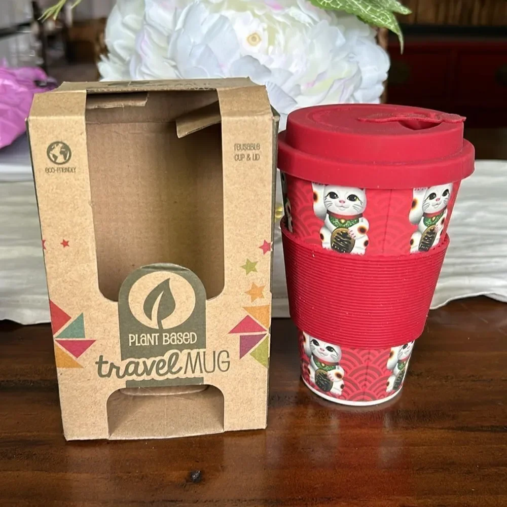 Eco-Friendly Reusable Plant Fiber Travel Mug Maneki Neko Lucky Cat Design NWT